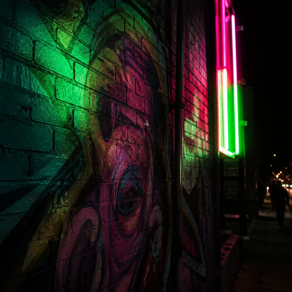 Ambiente urbano de noche con luces de neón