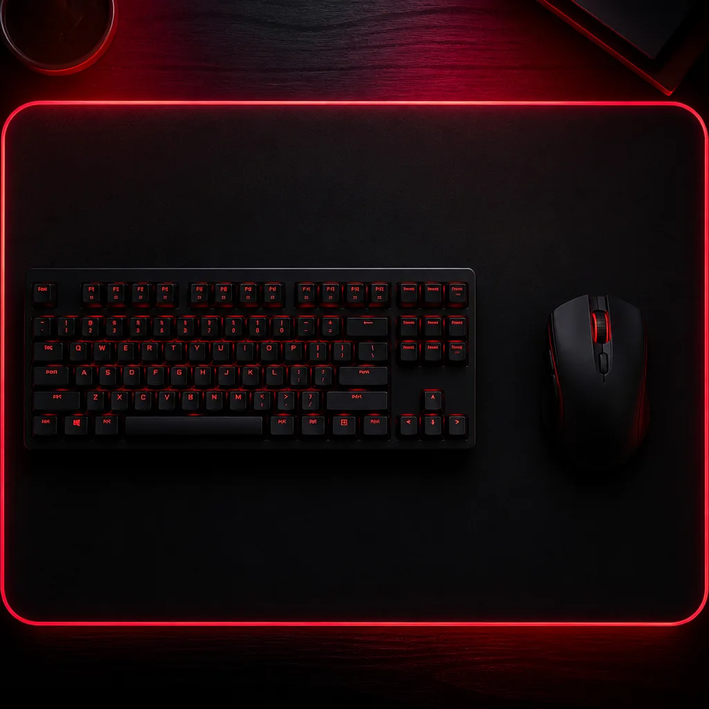 Teclado gamer visto desde arriba con brillo rojo neón