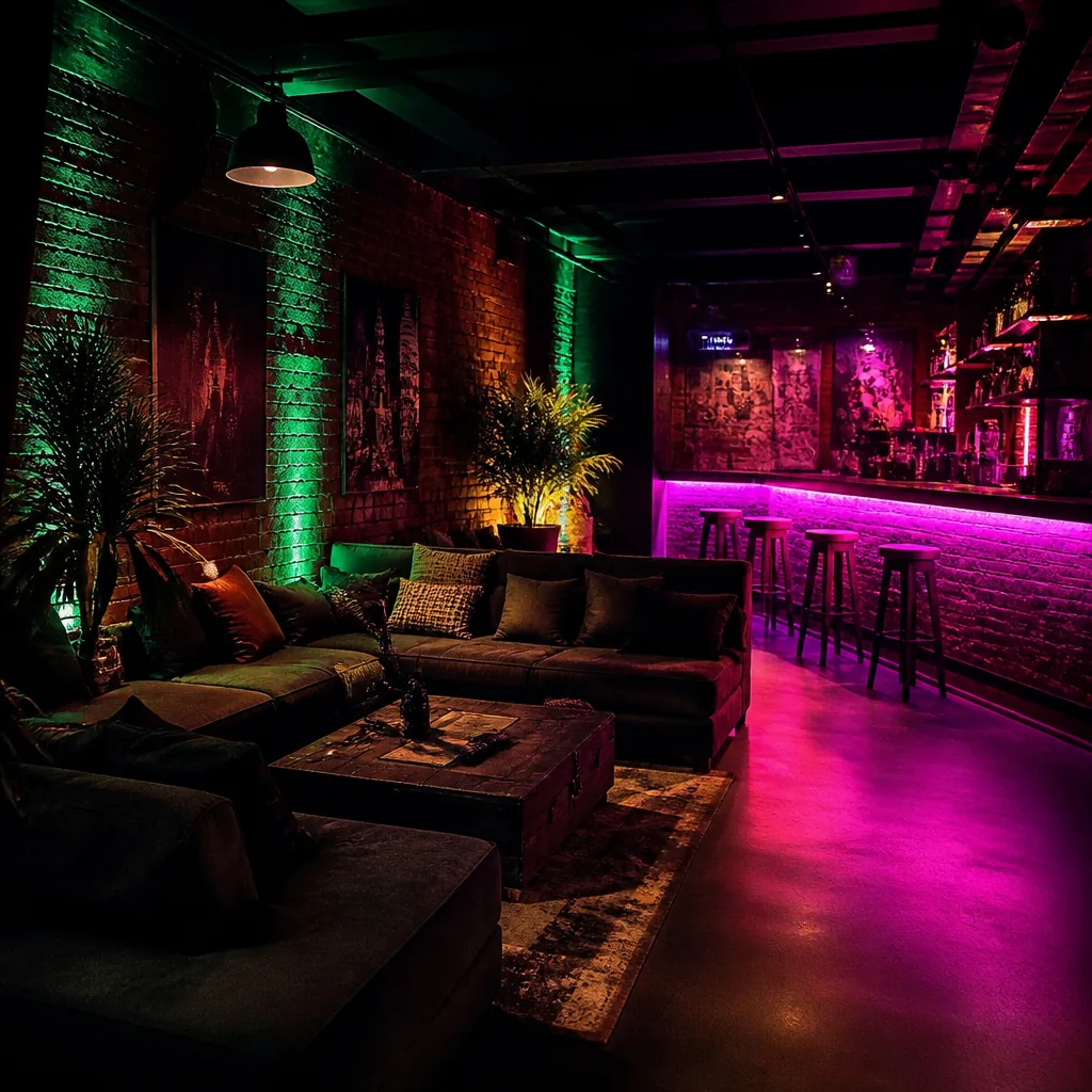 Rincón lounge del club con luz verde y magenta