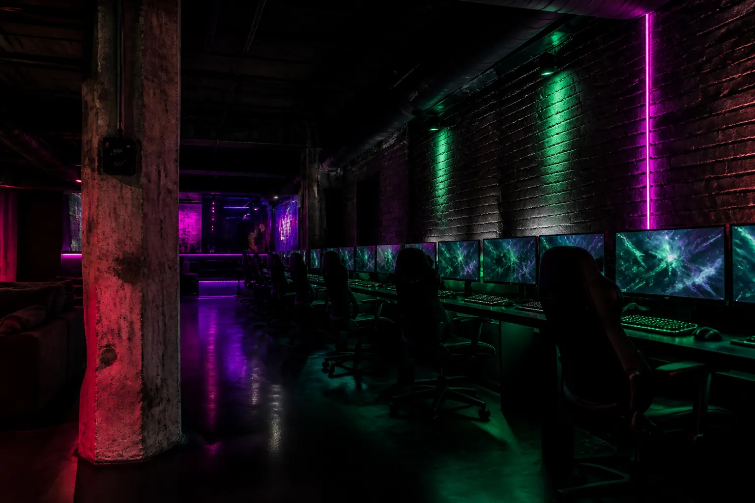 Sala de juego urbana en penumbra con monitores encendidos