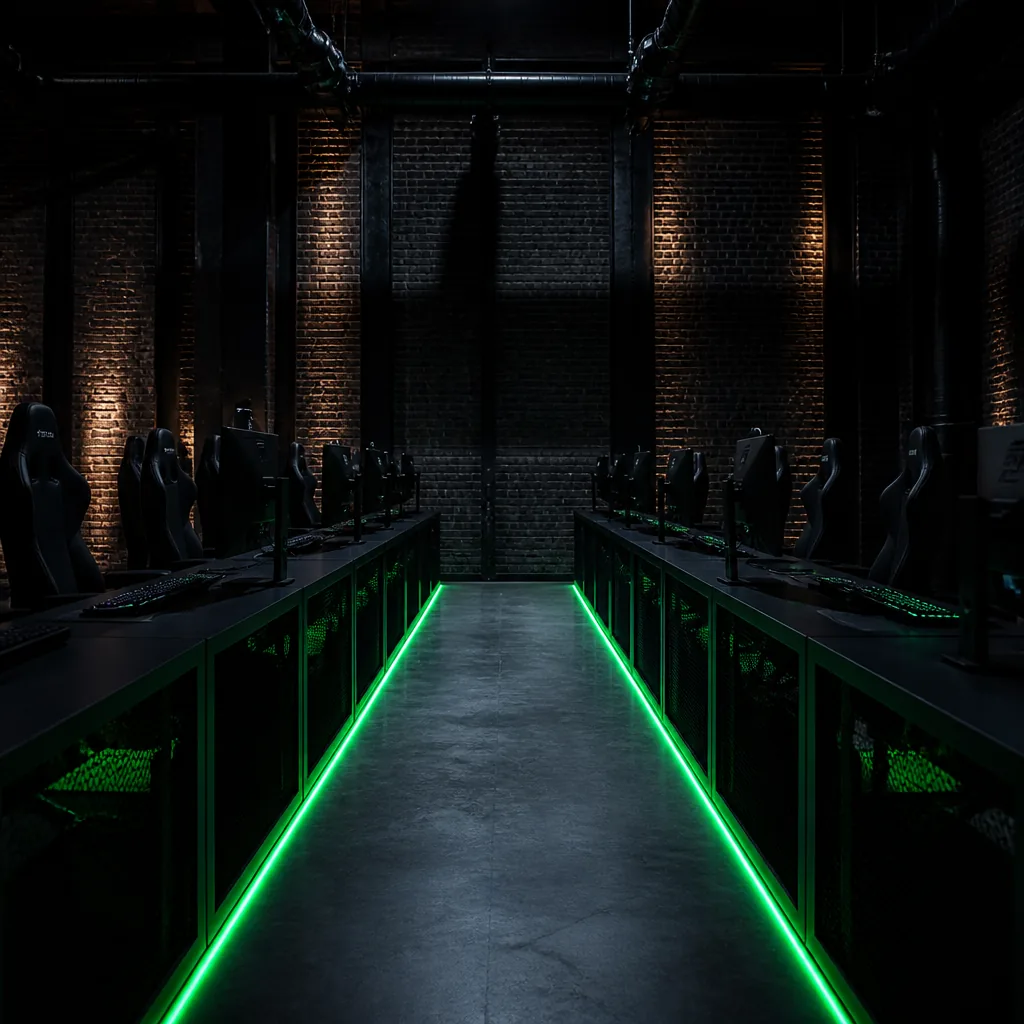 Escenario de competencia con monitores en fila y luz verde